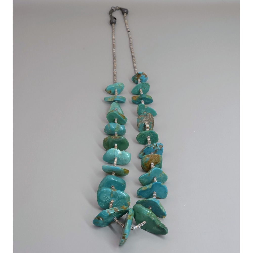 Santo Domingo Heishi Necklace Sterling Graduating Royston Turquoise Nugget 30" - Picture 13 of 16